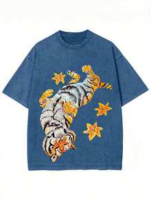 1pc Men' & Women' Y2K Vintage Tiger & Flower Print T-Shirt - Loose Fit Short Sleeve Round Neck Tee Suitable For Summer, Casual Streetwear With Tiger Flower, Machine Washable Loose Fit Top (Unisex)Mens Clothes Shirts - 藏蓝色 - 查看 2