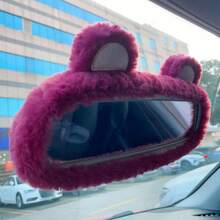 Stylish Plush Bear Ear Car Rearview Mirror Cover - Soft, Fluffy, And Fashionable Women's Car Interior Accessories, Home Mirror Protector, Mirror Decorative Cover. - 玫紅色 - 查看 3