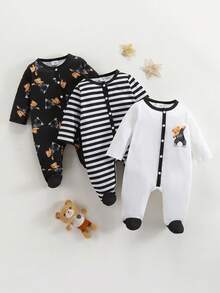 3件套可爱卡通小熊条纹印花长袖连体衣，适合男婴 - 黑與白 - 查看 1