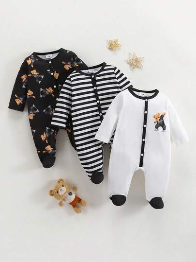 3pcs/Set Cute Cartoon Bear Striped Print Long Sleeve Romper, Suitable For Baby Boys