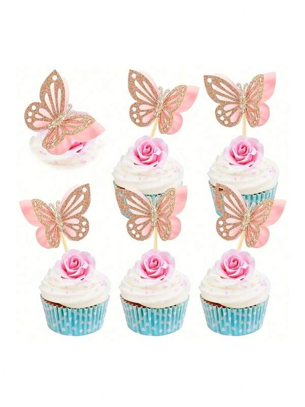 1/6/12个装蝴蝶造型双层闪光蛋糕装饰，适用于婴儿派对、婚礼、生日、性别揭晓派对及其他主题庆祝活动