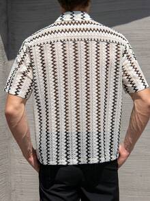 男士休闲短袖衬衫，宽松百搭纽扣上衣 - 杏色 - 查看 3