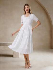 ELYRADIA 女士白色中长连衣裙，优雅成熟风格，透气轻盈，适合婚礼宾客、夏季度假及休闲穿着。 - 白色 - 查看 3