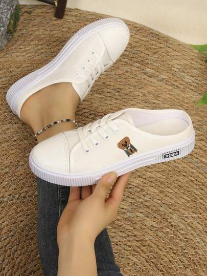 1双女士休闲帆布一脚蹬鞋，舒适乐福鞋，低鞋面学生白色运动鞋，适合日常通勤和户外活动