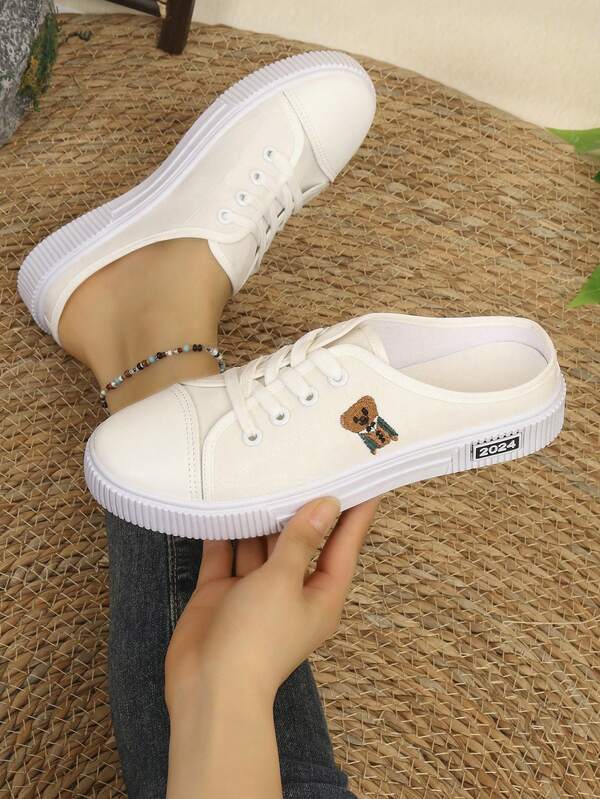 1 đôi giày lười vải bố nữ kiểu dáng thường ngày, giày lười thoải mái, giày thể thao cổ thấp màu trắng dành cho học sinh, phù hợp cho việc đi lại hàng ngày và các hoạt động ngoài trời.
