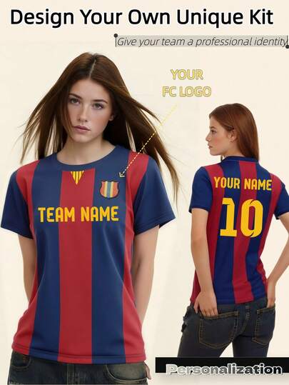 1pc Customized Women's Football Training Jersey - Personalized Name, Number And Logo Printing (Front & Back) - Red & Blue Vertical Striped Design With Yellow Accents - V-Neck Short Sleeve Moisture-Wicking Sports Top - Suitable For Football, Volleyball, Basketball And Everyday Wear