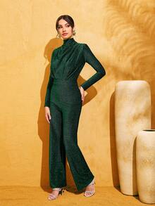 LOVE&LEMONADE Women's Shiny Green Turtleneck Ruched Design Long Sleeve Jumpsuit - Green - View 2