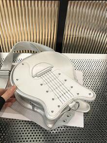 1pc Fashion Guitar Shaped Crossbody Bag | Versatile Colorblock, Adjustable Shoulder Strap Sling Bag | Polyester Lining | Zipper Closure - Multicolor - View 10