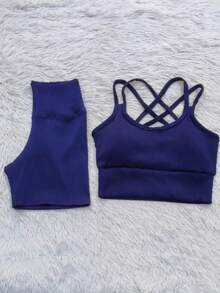 Ribbed Summer Set - Shorts And Top For Gym - Navy Blue - View 1