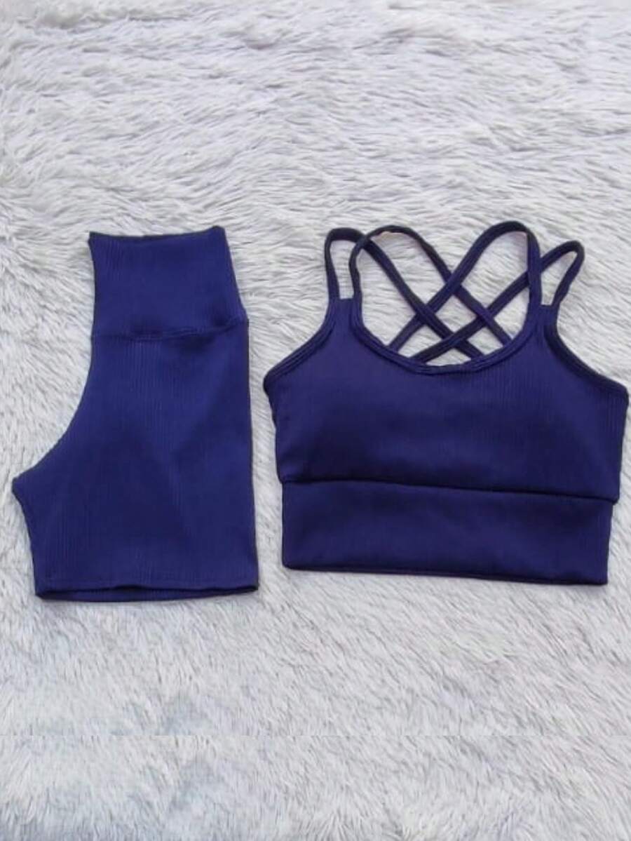 Ribbed Summer Set - Shorts And Top For Gym - Navy Blue - View 1