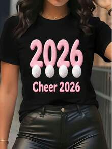 Women's 2026 Graphic Print Short Sleeve T-Shirt Crew Neck Casual Tee Cheer 2026 Letter Print Loose Fit Summer Top For Daily Wear Party - 黑色 - 查看 6