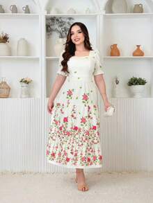 Elegant Midi Dress In Printed Cotton Fabric With Short Sleeves. - Hot Pink - View 1