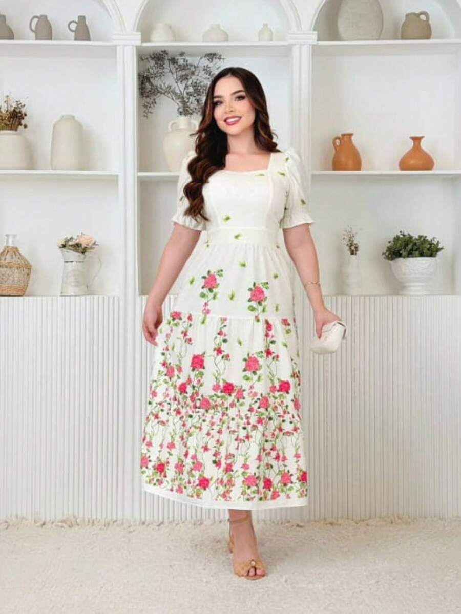 Elegant Midi Dress In Printed Cotton Fabric With Short Sleeves. - Hot Pink - View 1
