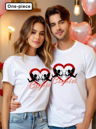 Couple's Cupid Heart & English Print Casual Loose Fit Round Neck Short Sleeve T-Shirt, Versatile For Couples Streetwear, Indoor, Outdoor, Festivals, Daily Commute