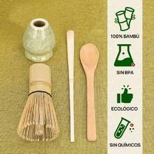 4 Piezas Juego de Batidores de Matcha,Batidor (Chasen),Soporte, Cuchara de Té y Cucharilla de Té, Juego de Batidor de Matcha Tradicional Japonés (4, verde moteado),39835166 - Amarillo - Ver 2