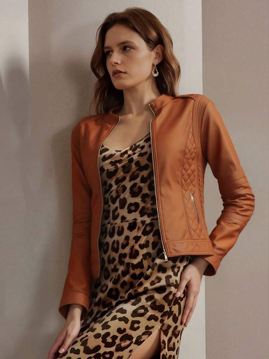 女士PU皮夹克 - 优雅简约的秋季风格，配有腰带、口袋和拉链，是一款女士冬季皮夹克 - 棕色 - 查看 1