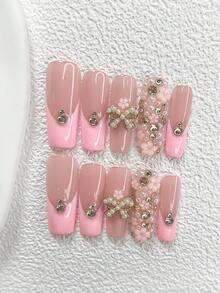 10pcs Y2K Vintage Style Handmade Nail Stickers, Nude, Pink Nail Stickers, Gold Glitter, Rhinestone Bow, 5-Petal Flowers, Pearl Decor, 3 Shapes: Almond, Duck Mouth, And Coffin, Includes Tool Kit, Suitable For Women And Girls, Great Gift For Ladies And Girls Nails Nail Supplies Handmade Press On Nails - Nhiều màu - Xem 11