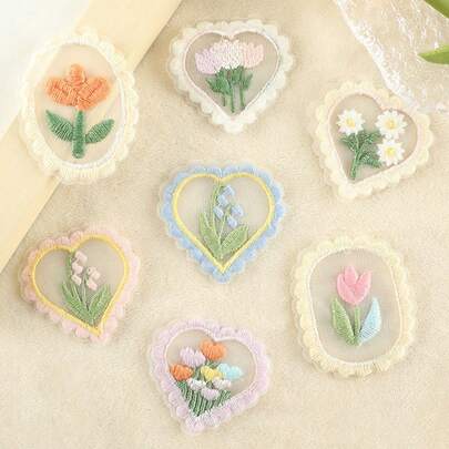 7pcs Cartoon Heart Flower Lace Mesh Embroidered Patches, Clothing Accessories Decor Applique, Handmade Sew On/Iron On
