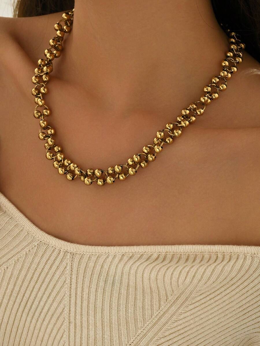 Colar de pérolas de camada dupla em estilo vintage, ideal para uso diário. - Ouro - Ver 1