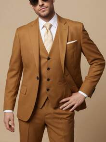 3 Piece Men's Suit, Formal Blazer Vest Pants Modern Fit Office Wedding Event Suits For Men - 駝色 - 查看 3