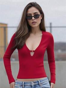 Women Solid Long Sleeve Shirts Slim Fit Deep V Neck Cut Out Crop Tops For Spring Fall Streetwear - Burgundy - View 1