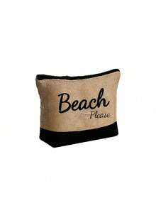 Black & Khaki "Beach Please" 4-Piece Set Including Beach Bag, Cosmetic Bag, Mini Pouch, Hat, Large Capacity, Adjustable Shoulder Strap, Convenient Carry, Suitable For Beach, Summer, Tropical Scenery With Palm Trees, Sand, Straw Hat - Multicolor - View 16