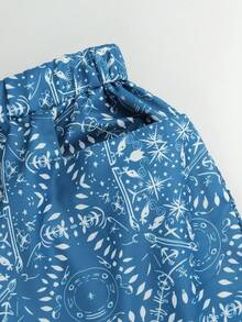 大码女式松紧腰随机印花休闲裤，带口袋 - 藍色 - 查看 6