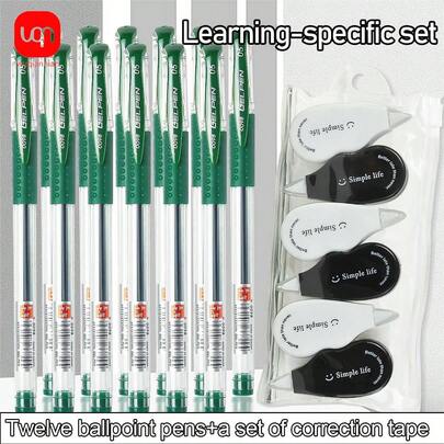 WUQIANNIAN WQN 12pcs Green Business Gel Pens 0.5mm Green Ink Core, 1 Set Of 6 Mini Black And White Correction Tape Set, Writing And Correction Set For Back-To-School Season