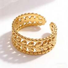 1pc Elegant Wheat Ear & Leaf Stainless Steel Gold-Plated Open Ring, Everyday Wear & Valentine's Day Gift For Women - As Shown - View 4