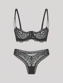 Hourtrue 春夏新款女士性感内衣套装，黑色蕾丝花边文胸和内裤两件套，舒适柔软诱人丁字裤，浪漫情侣亲密氛围情人节超薄文胸 - 黑色 - 查看 1