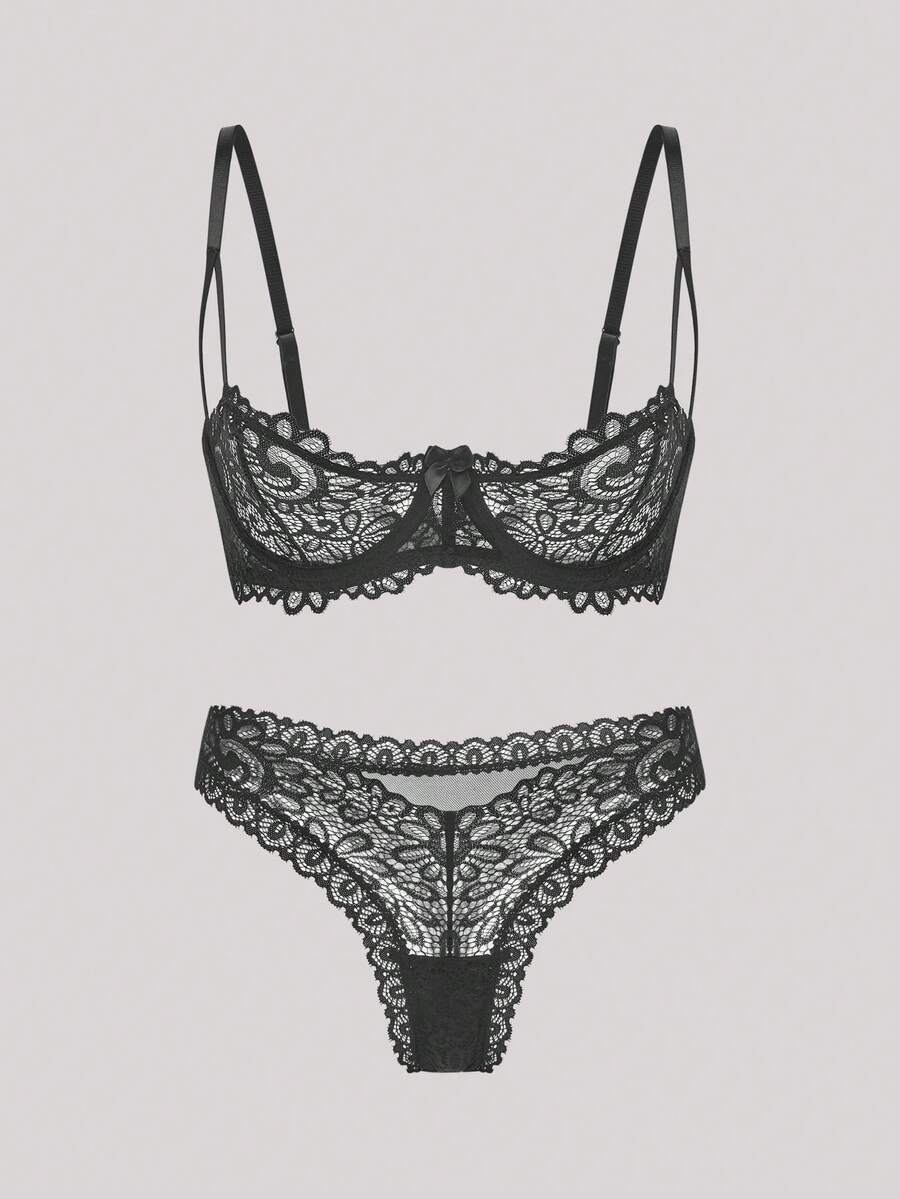 Hourtrue 春夏新款女士性感内衣套装，黑色蕾丝花边文胸和内裤两件套，舒适柔软诱人丁字裤，浪漫情侣亲密氛围情人节超薄文胸 - 黑色 - 查看 1