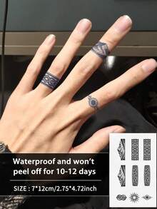 2Pcs Men Tattoo Fake Ring Temporary Tattoos Geometric Y2K Semi Permanent Tattoo Waterproof Sweatproof Last For 1-2 Weeks Realistic Herbal Juice Anti-Friction Non-Reflective Black For Men Tattoo Stickers For Arm, Chest, Leg, Abdomen - HD - View 9