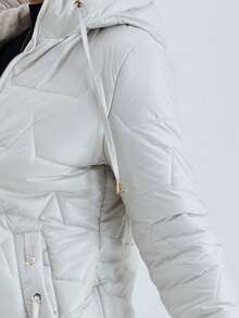 Mid-Length Glossy Down Jacket - Drawstring Hooded With Metal Details | Warm For Autumn/Winter: Suitable For Daily Wear And Commuting - Light Grey - View 7