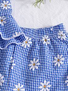 女婴可爱雏菊印花蓝色格子蝴蝶结荷叶边无袖上衣和宽松蝴蝶结短裤两件套，度假风 - 藍色 - 查看 5