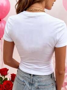 女士心形亮片休闲T恤，时尚舒适透气，百搭经典短袖圆领上衣，春夏必备，超短款T恤，情人节单品 白色 - 白色 - 查看 2