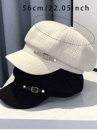 1顶女士时尚设计师冬季贝雷帽，复古贝雷帽，女帽，女士软帽，报童帽（随机金属扣），头围22.5英寸（随机小圆金属扣）