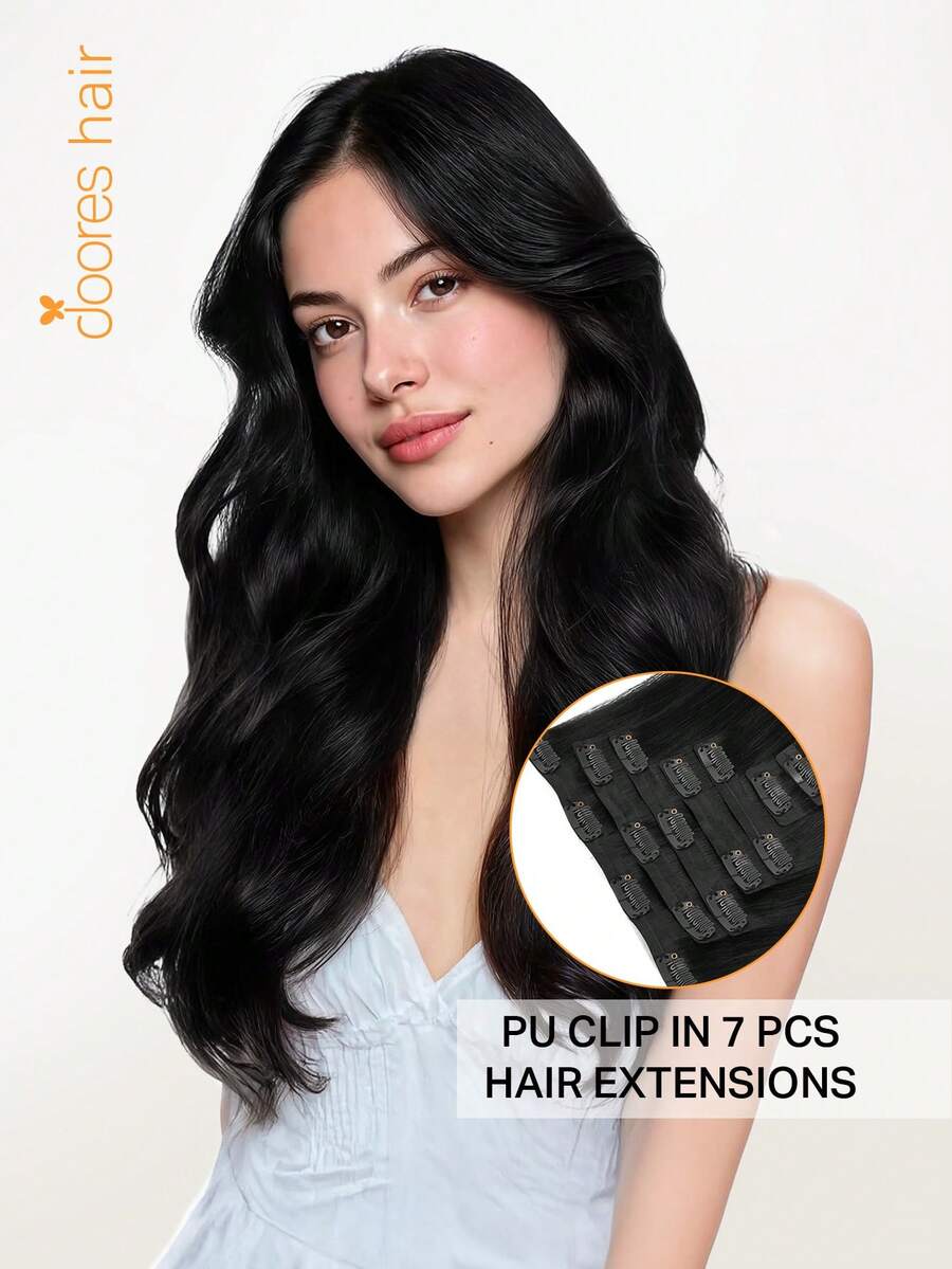 DOORES Seamless PU Clip-In Hair Extensions, 7 pcs, 110 g, Pure Black, 100% Human Hair, Tak Terlihat, Nyaman, Menyatu Alami, Mudah Dipakai untuk Wanita