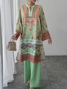 Bộ đồ nữ 2 món, áo dài tay loe cổ chữ V in hoa màu xanh lá cây + quần ống rộng cạp chun màu xanh lá cây trơn, bộ trang phục trang trọng kiểu Ả Rập sang trọng phối màu tương phản, thích hợp cho tiệc tùng, kỳ nghỉ hoặc mặc hàng ngày vào mùa xuân. - Màu xanh Cadet - Xem 5