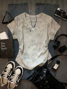 Women's V-Neck Short Sleeve T-Shirt With Waist Cinching Design, Tie-Dye Craftsmanship, Y2K Fitted Cropped Top - Khaki - View 1