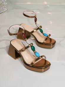 Giày sandal cao gót đế dày màu vàng kim thời trang mới dành cho nữ, đính hạt cườm nhiều màu sắc, thích hợp cho tiệc tùng/đám cưới, trang phục mùa xuân hè. - Đồng - Xem 4