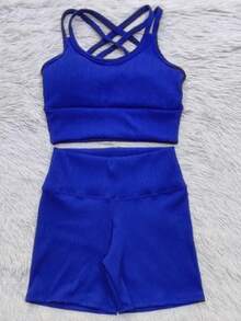 Ribbed Summer Set - Shorts And Top For Gym - Royal Blue - View 3