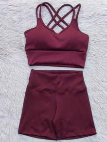 Conjunto Canelado Verão SHORT E TOP Academia - Vinho - Visão 5