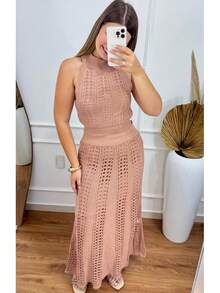 Women's Knit Cropped Set SOFIA Beige New Long Lace Skirt Women's Dress Chic Summer Look - 新米色 - 查看 2