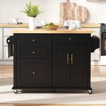 Ilha de cozinha móvel com rodízios e mesa de jantar extensível, carrinho de cozinha com gavetas multifuncionais, ideal para cozinha e sala de jantar (preto) - Preto - Ver 2
