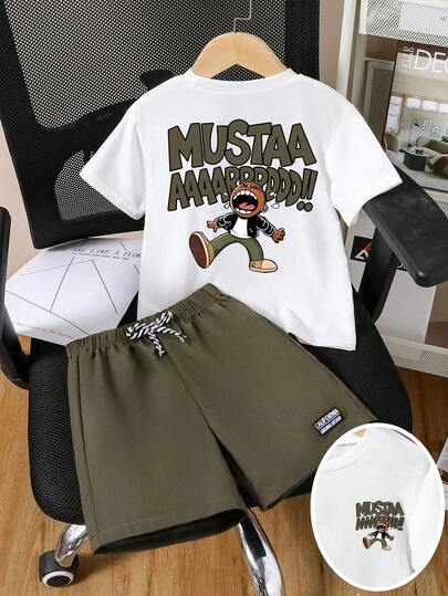 男童卡通字母印花短袖T恤和短裤