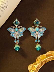 1 paire de boucles d'oreilles papillon vintage ornées de strass, bicolores, mignonnes et à la mode, parfaites pour le quotidien, les banquets, les cadeaux et les bals de fin d'année. - Bleu azur - Voir 5