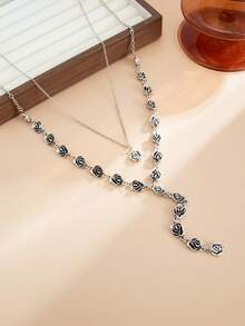 2pcs/Set Bohemian Style 3D Rose Pendant Necklace Set, Elegant Vintage Daily/Party Charm Metal Necklace Gift For Women - Necklace - View 6