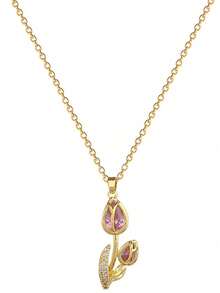 1pc Stainless Steel Chain Zirconia Tulip Pendant Fashion Necklace Jewelry, Gift Accessory - Type a - View 4