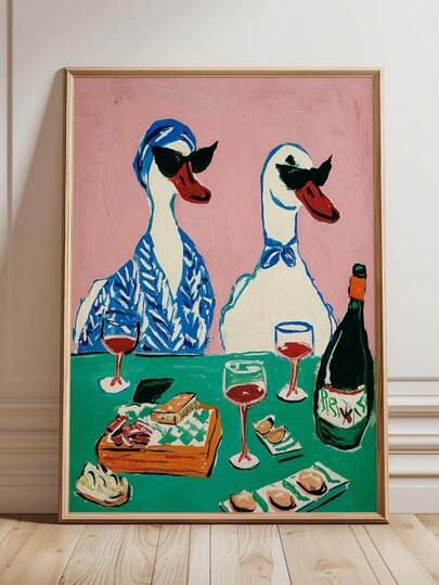 1 件装酷炫时尚眼镜鸭子餐桌装饰画 – 无框帆布墙画趣味装饰海报，适用于厨房客厅