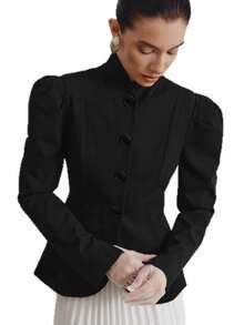 Autumn And Winter Temperament Elegant Daily Commute Bubble Sleeves High-End Jacket Women's French Elegant Retro Stand-Up Collar Black Small Suit - 黑色 - 查看 7